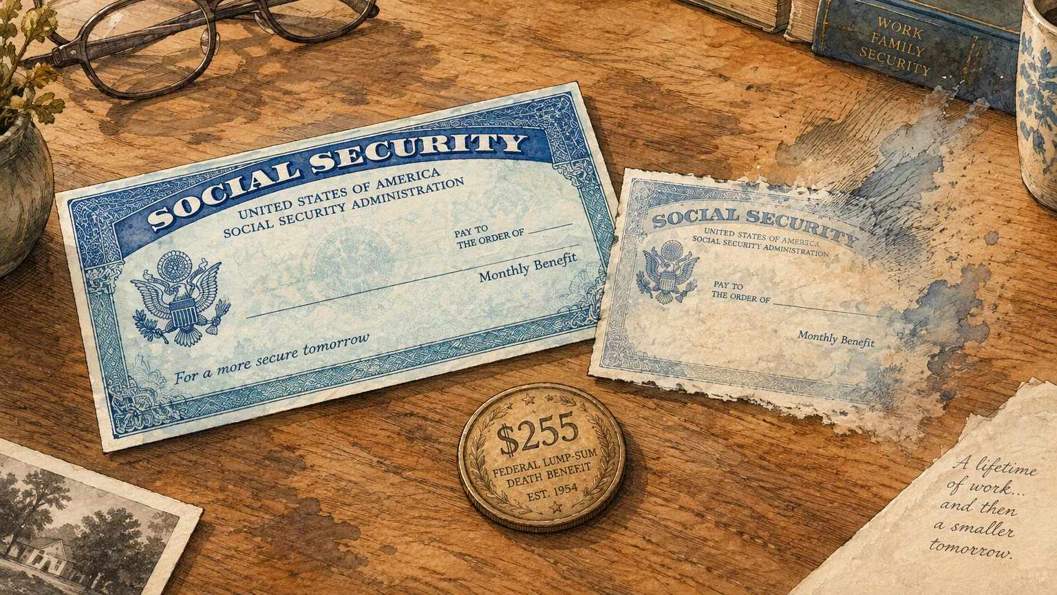 Illustration of two Social Security checks on a desk, one fading away beside a $255 death benefit coin.