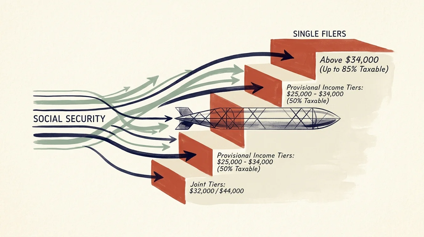 Illustration of arrows and a torpedo moving across tiered steps labeled with Social Security provisional income thresholds.