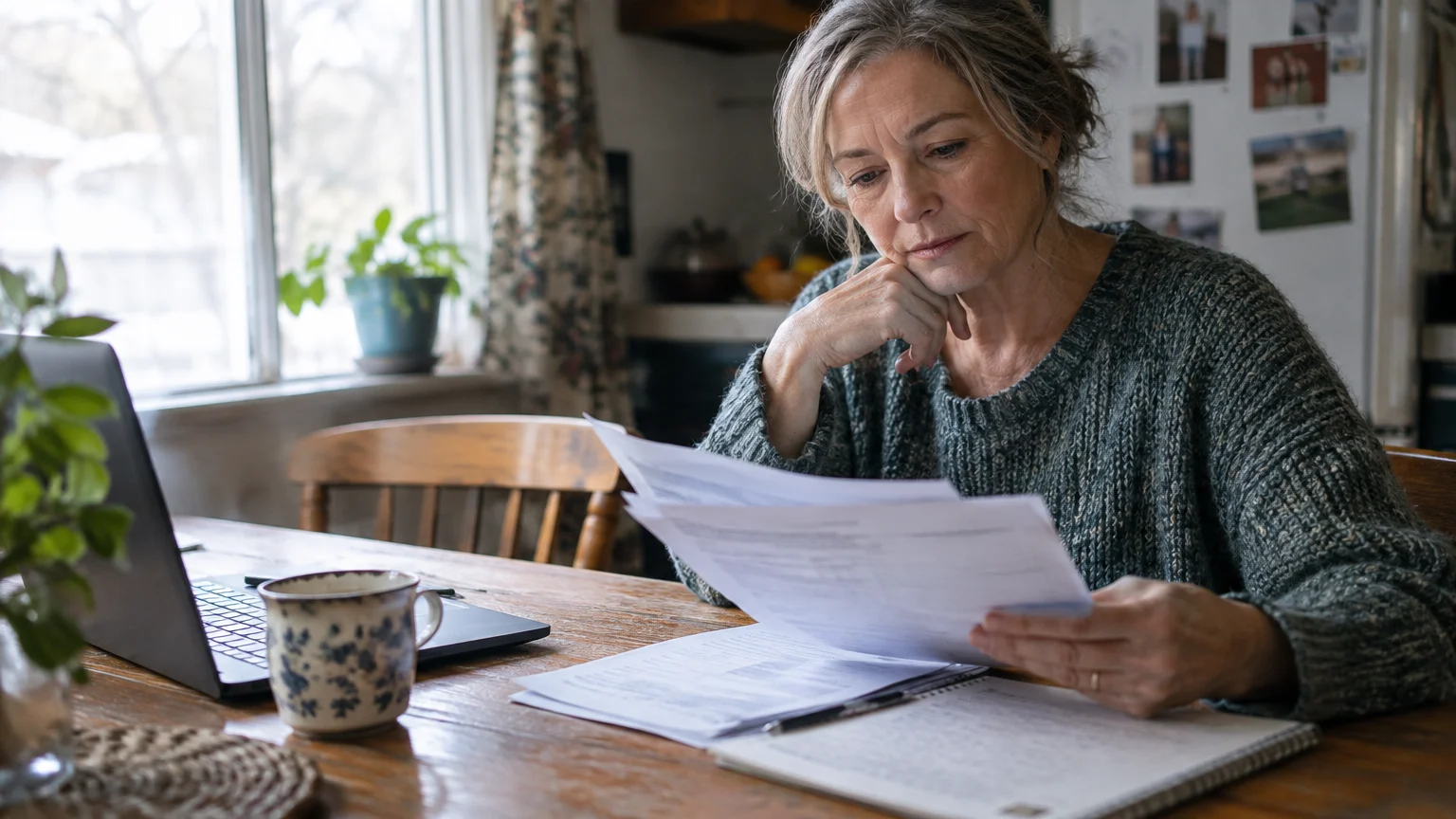 A woman sits at a wooden table reviewing papers beside an open laptop and a ceramic mug.