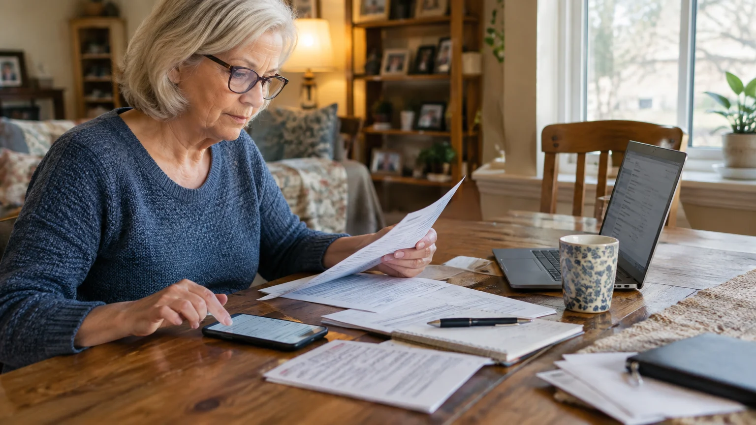 Senior woman wearing glasses reviews printed documents and a smartphone at a wooden table with an open laptop.