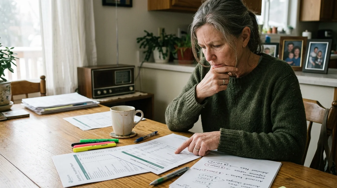 A woman sits at a wooden table reviewing financial investment reports with pens and highlighters nearby.