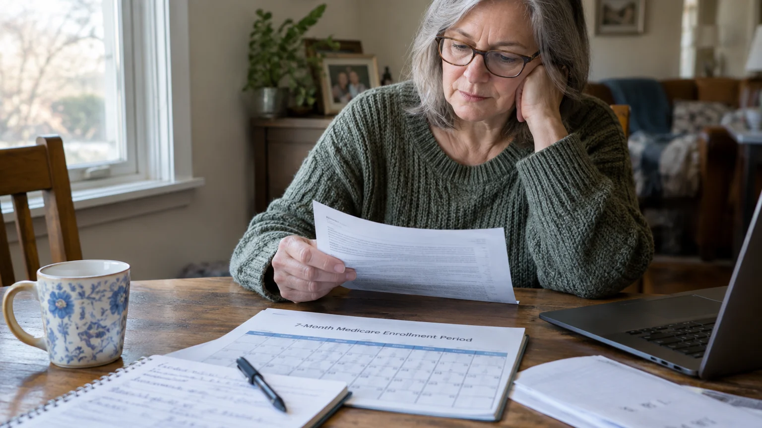 A woman wearing glasses reviews documents and a 7-month Medicare enrollment period calendar at a wooden table.