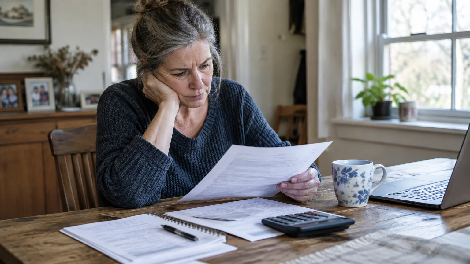 A mature woman sitting at a dining table with a laptop, calculator, and papers, looking down at a document with concern.