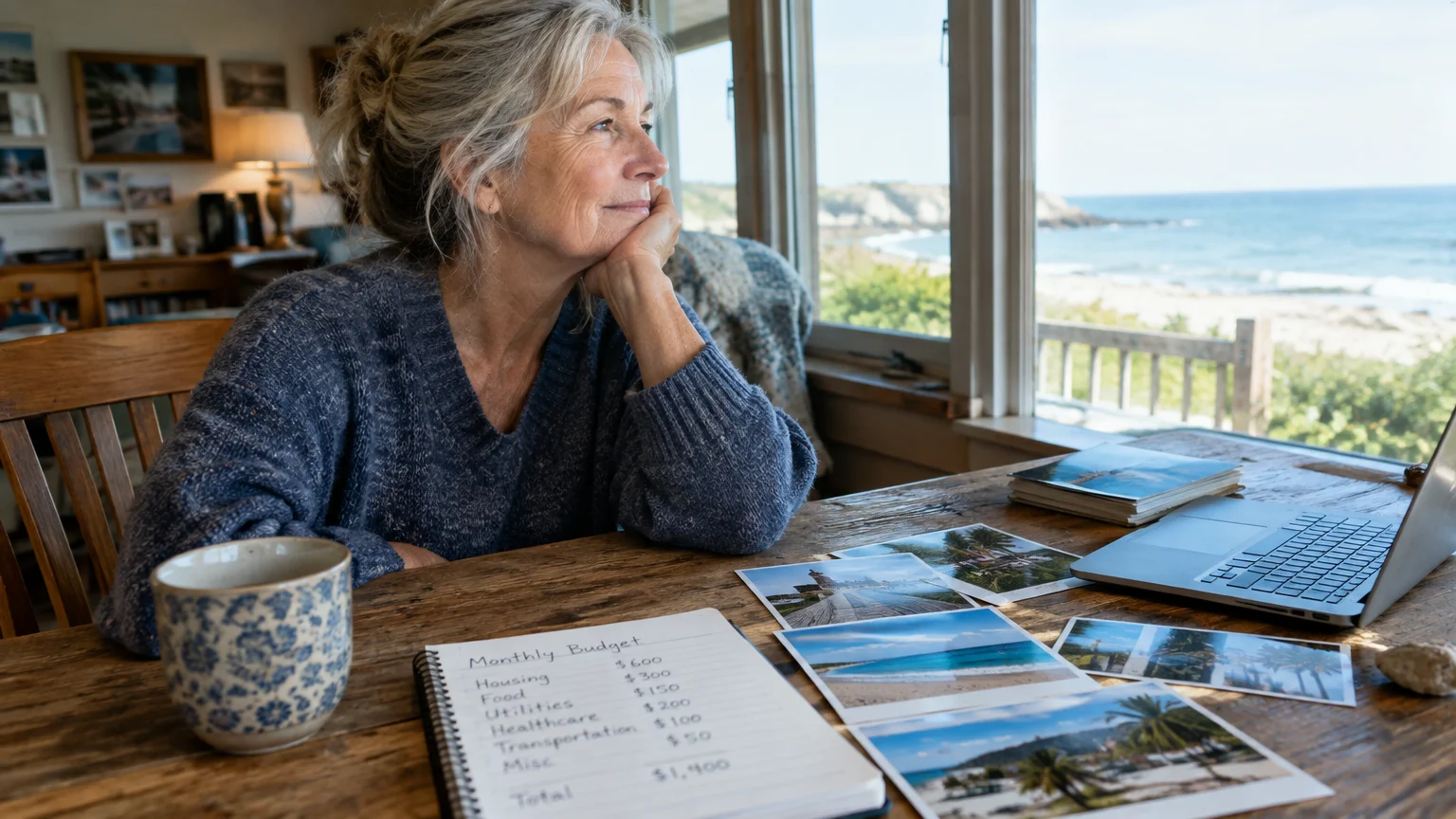Senior woman sitting at a rustic wooden table overlooking an ocean view with photos, a budget notebook, and laptop.