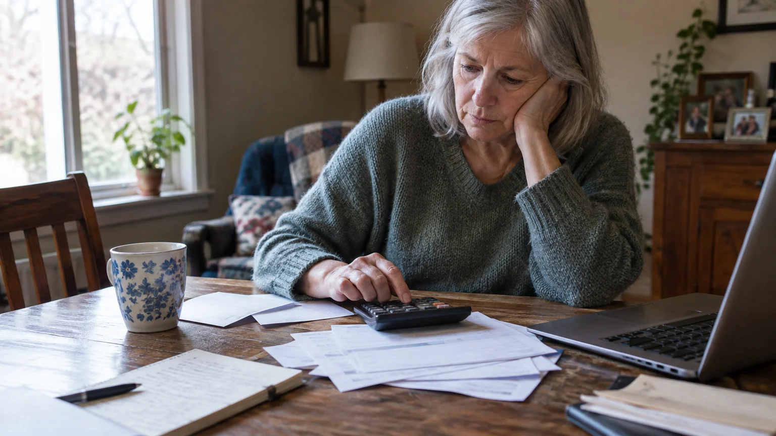 A senior woman sits at a wooden table using a calculator beside papers, a mug, and an open laptop.