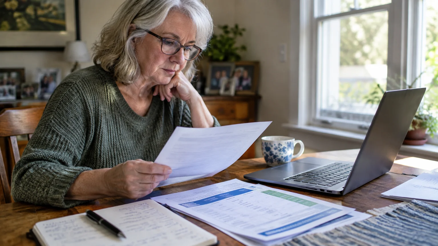 A senior woman wearing glasses sits at a wooden table reviewing printed documents alongside a laptop and open notebook.