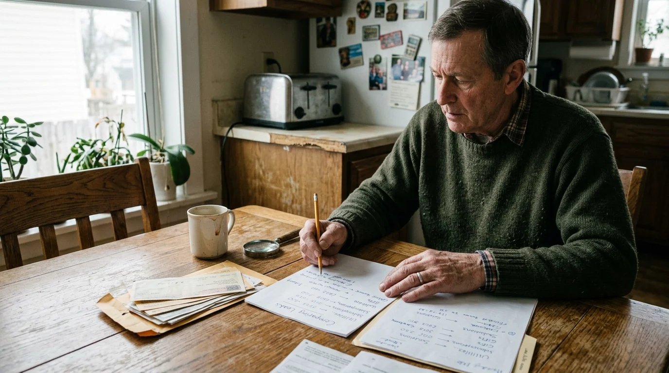 Senior man sitting at a wooden kitchen table writing on paper beside bills, envelopes, and a magnifying glass.
