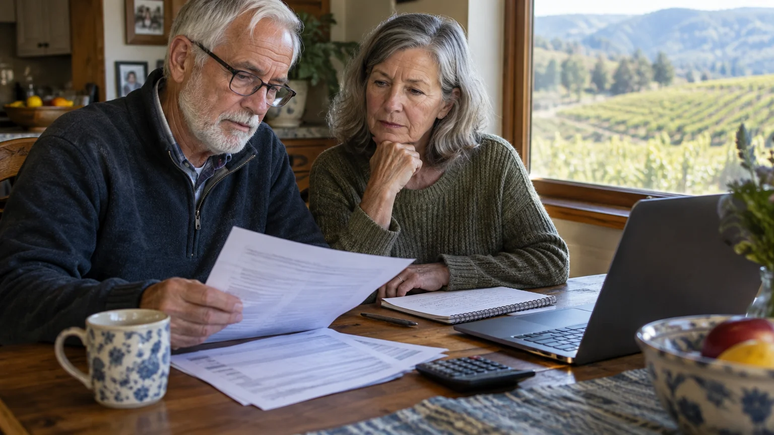 An older couple sits at a wooden table reviewing paperwork, with a laptop, calculator, and vineyard view outside.