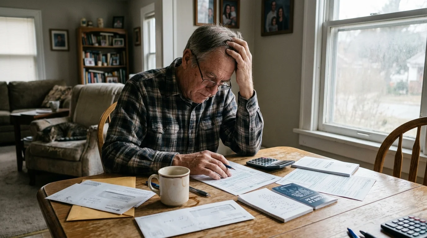 An older man wearing glasses sits stressed at a wooden dining table reviewing paperwork with a calculator and coffee mug.