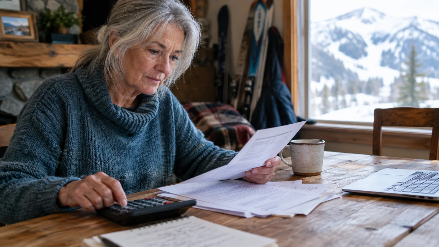 A senior woman reviews paperwork with a calculator at a wooden table, with snowy mountains seen through a window.