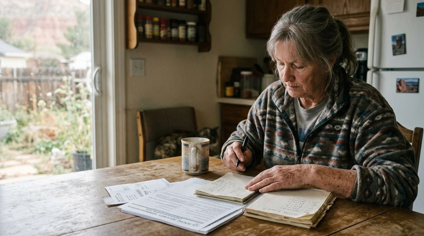 An older woman sits at a wooden kitchen table writing in a notebook next to paperwork and a mug.