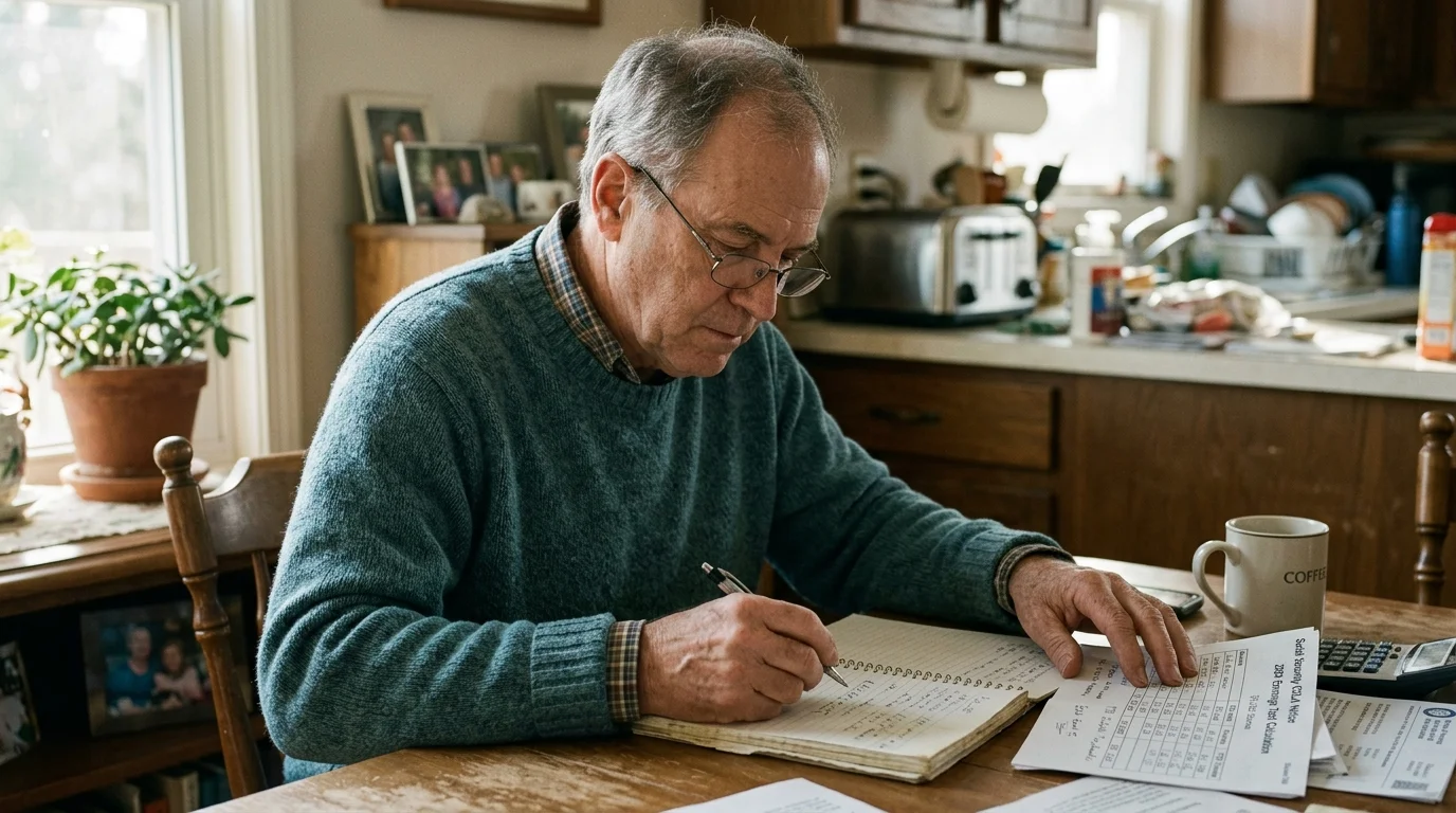 Man wearing glasses and a sweater writing in a notebook at a table with papers, a mug, and a calculator.
