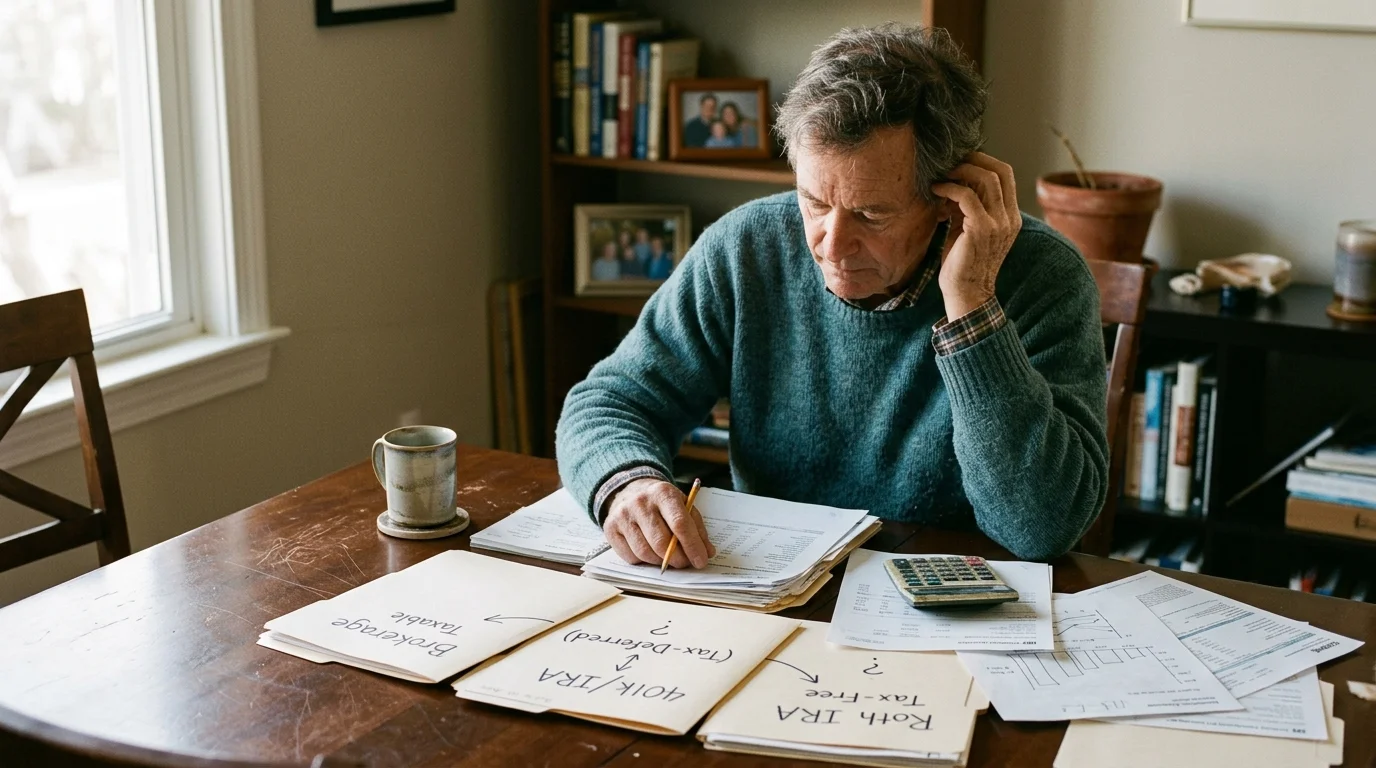 Man sitting at a table with papers, a calculator, and folders labeled Taxable, Tax-Deferred, and Roth IRA.