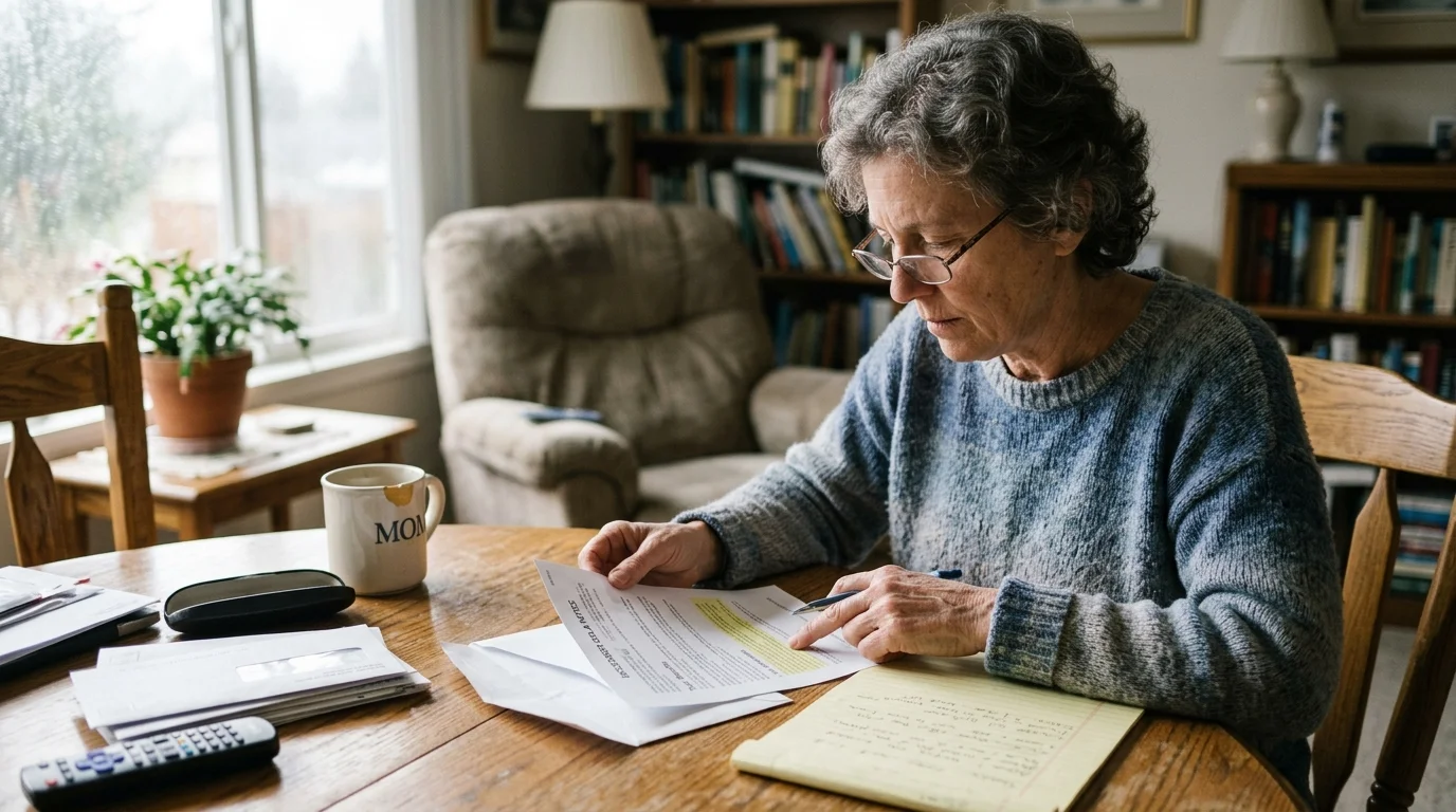 A woman wearing glasses sits at a wooden dining table reviewing a printed letter with a pen in hand.
