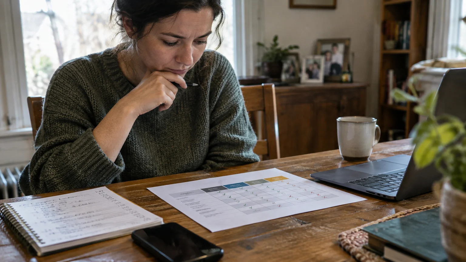 A woman sitting at a wooden table examines a printed comparison chart beside a laptop and notebook.