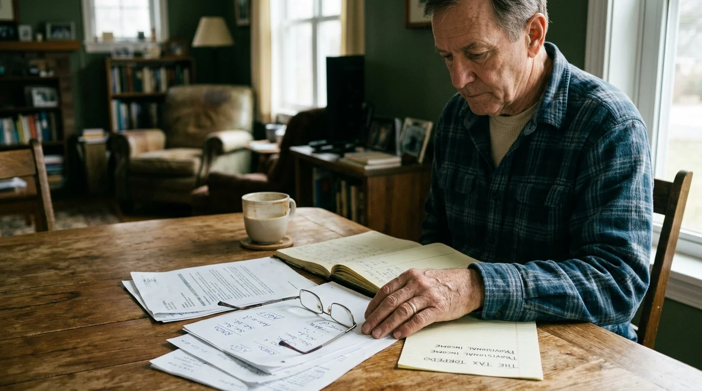 A man seated at a wooden table reviews papers, a ledger, and notes next to a pair of eyeglasses and a mug.