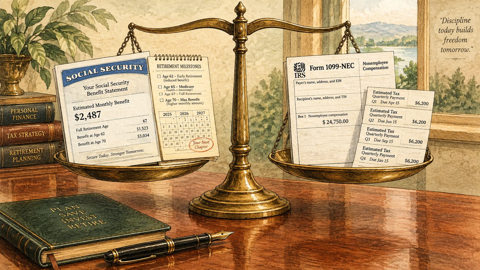 Scale balancing a Social Security benefit statement against an IRS Form 1099-NEC and estimated tax payment slips.