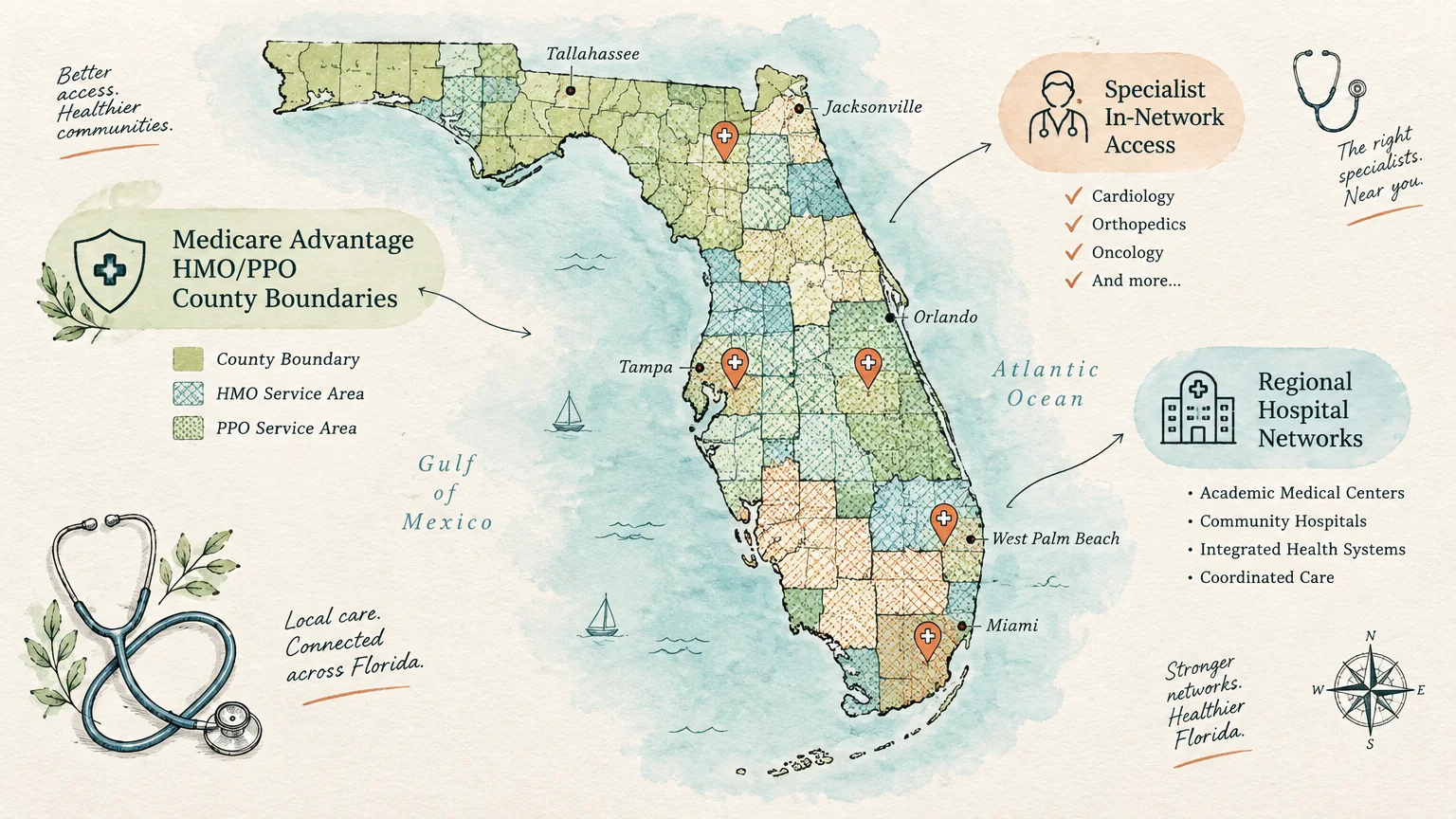 Map illustration of Florida divided into county healthcare boundaries with hospital icons and medical care infographics.