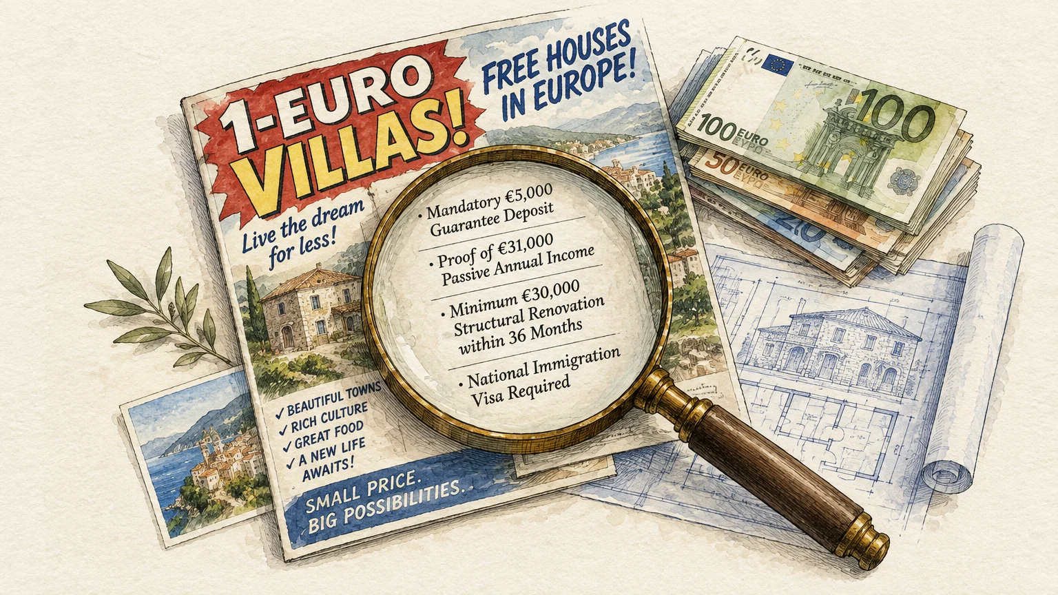 Magnifying glass over a flyer advertising 1-Euro Villas, revealing hidden costs, next to euro bills and architectural plans.