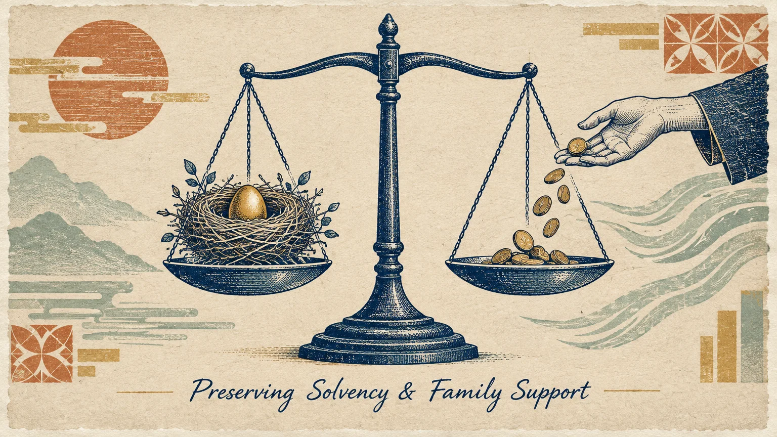 Illustration of balance scales weighing a nest with a golden egg against falling coins poured from a hand.