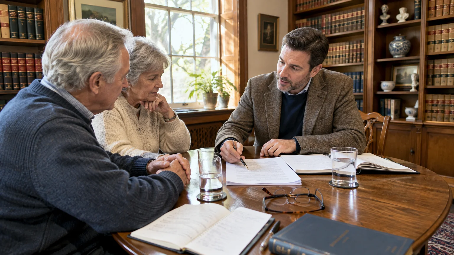 A man in a blazer points to paperwork while consulting an older couple at a round wooden table in a library.