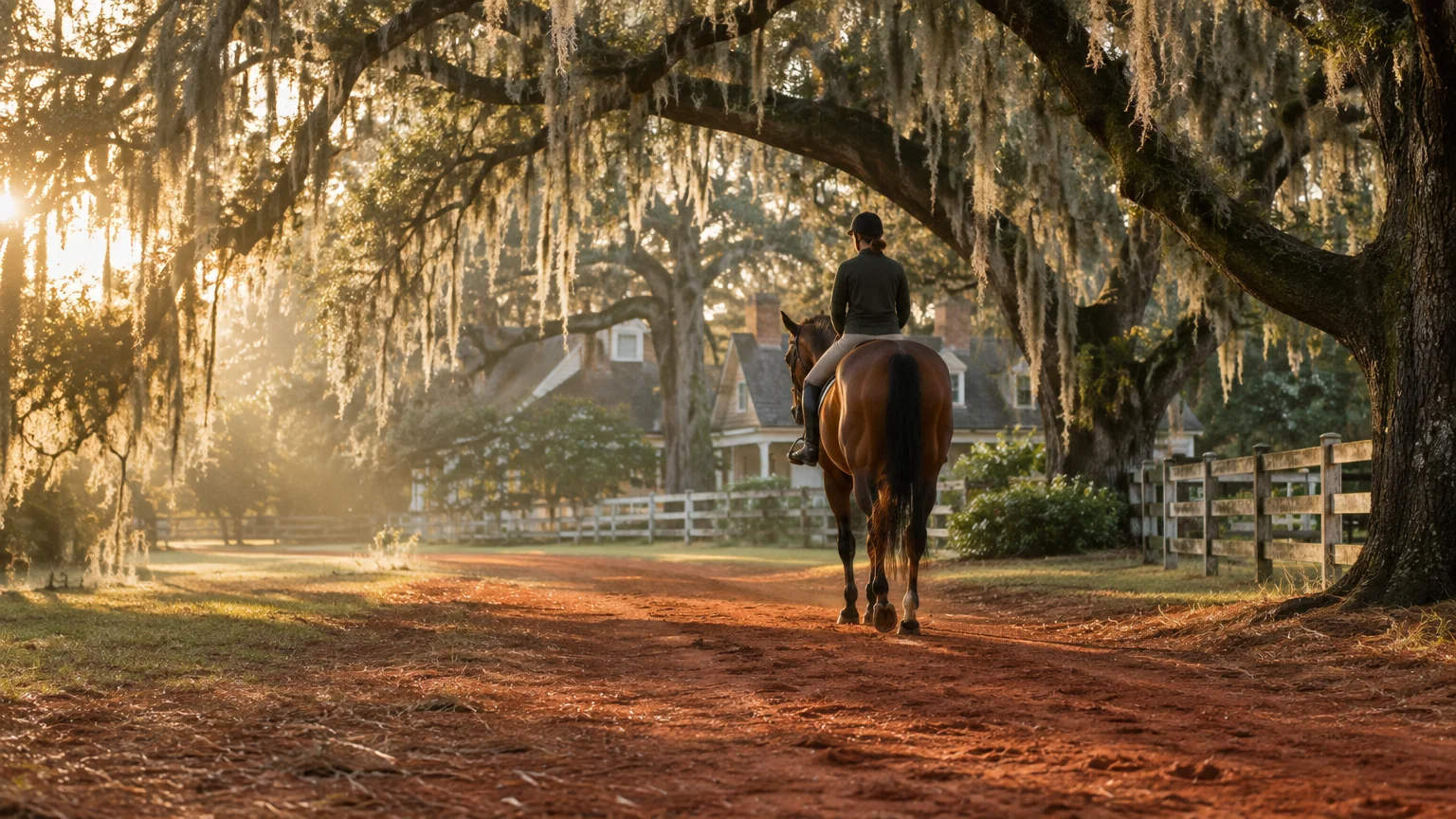 Equestrian rider on a brown horse walking along a dirt road beneath moss-draped live oak trees at sunrise.