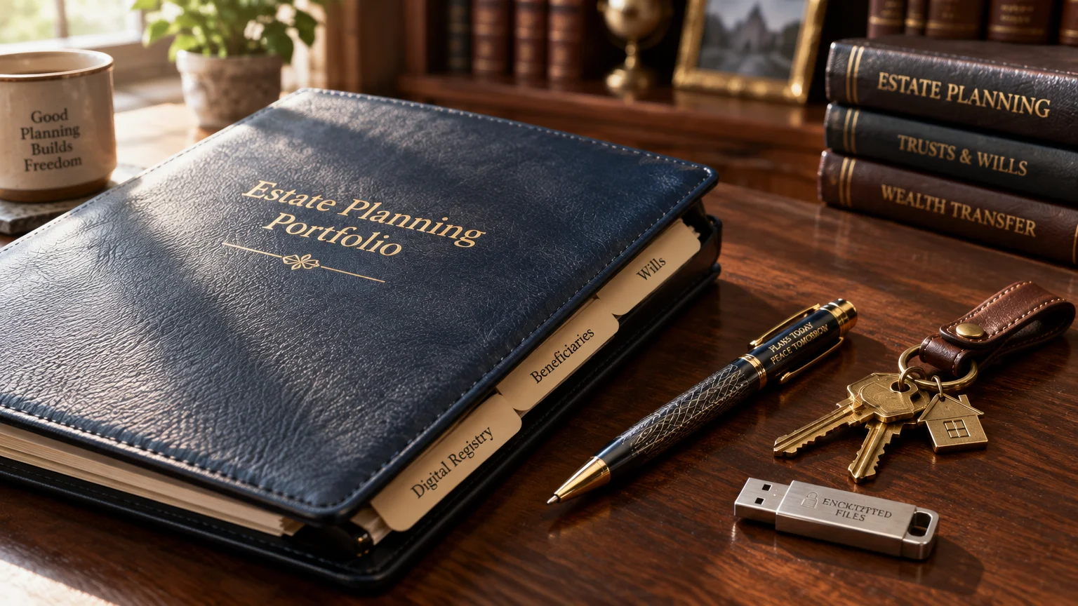 Leather estate planning portfolio binder with labeled tabs, pen, house keys, and a USB flash drive on a wooden desk.