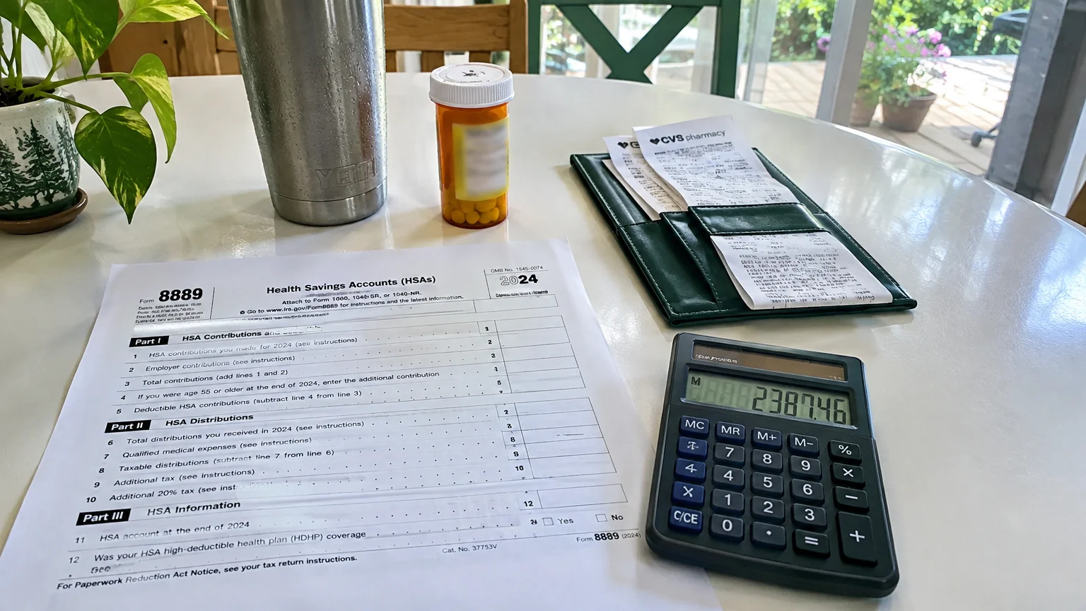 Tax Form 8889 on a table beside a calculator, pharmacy receipts in an organizer, a pill bottle, and a tumbler.