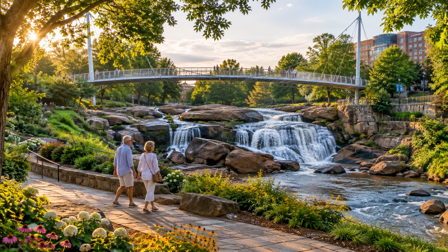 Couple walking along a stone path beside a cascading waterfall with a curved pedestrian suspension bridge overhead.