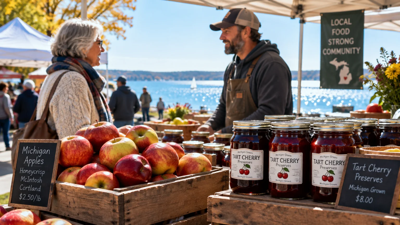 Vendor selling apples and jars of tart cherry preserves to a customer at a lakeside outdoor farmers market.