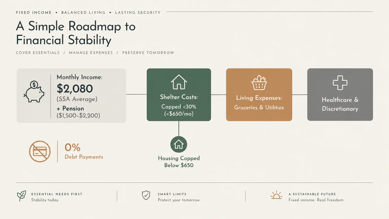 Diagram outlining monthly income, zero percent debt payments, shelter costs capped below $650, living expenses, and healthcare.