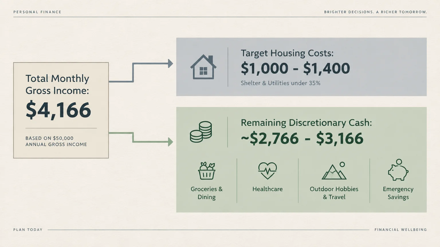Diagram splitting $4,166 monthly gross income into $1,000-$1,400 target housing costs and remaining discretionary cash.