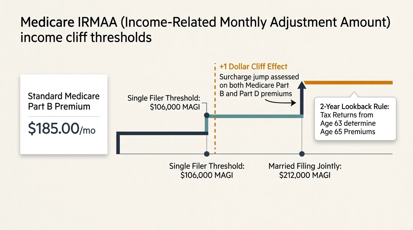 Diagram showing Medicare IRMAA income cliff thresholds, standard premium, and single and married filing jointly income limits.
