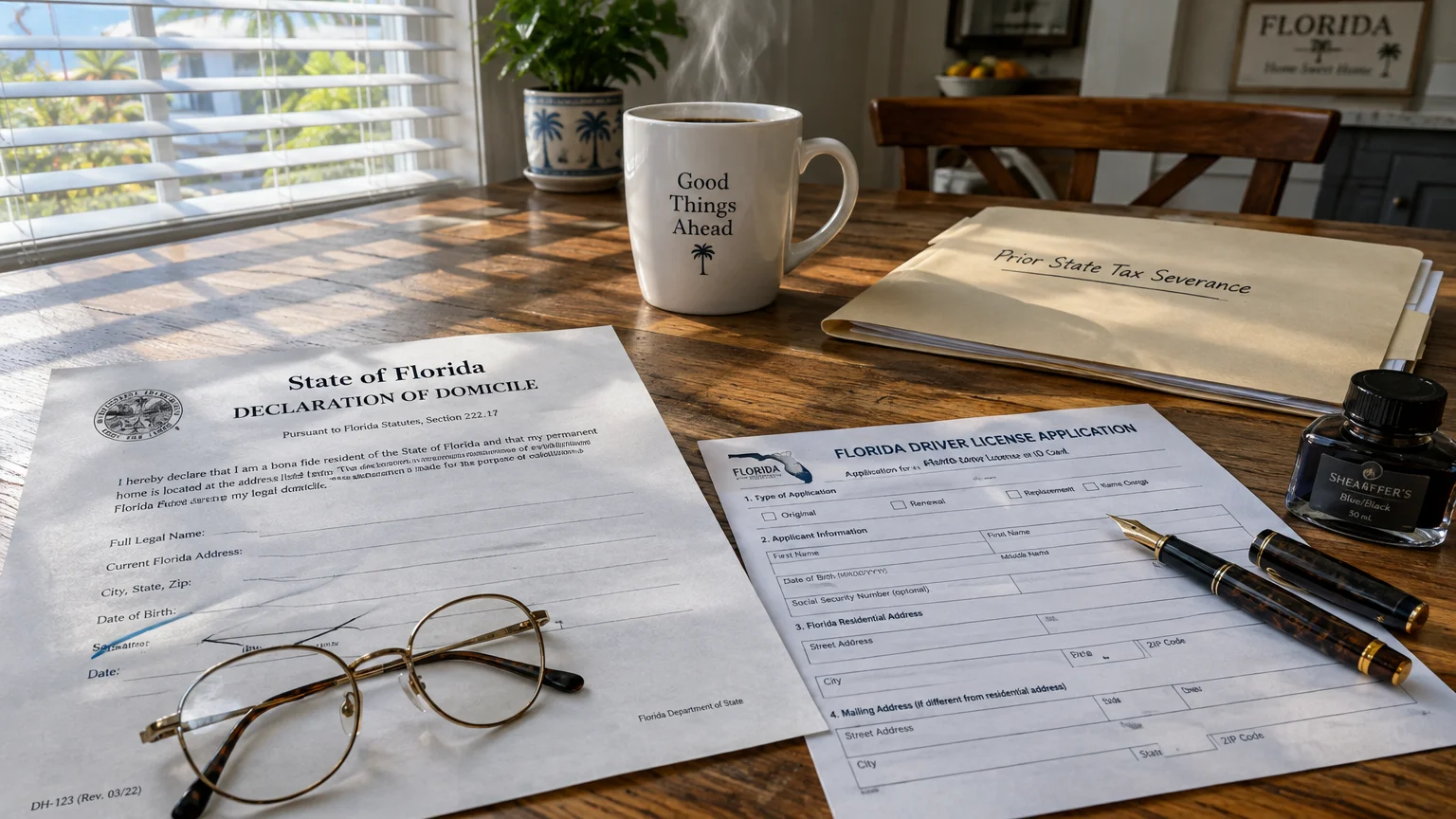Florida Declaration of Domicile paperwork, driver license application, eyeglasses, pen, and coffee mug on a wooden table.