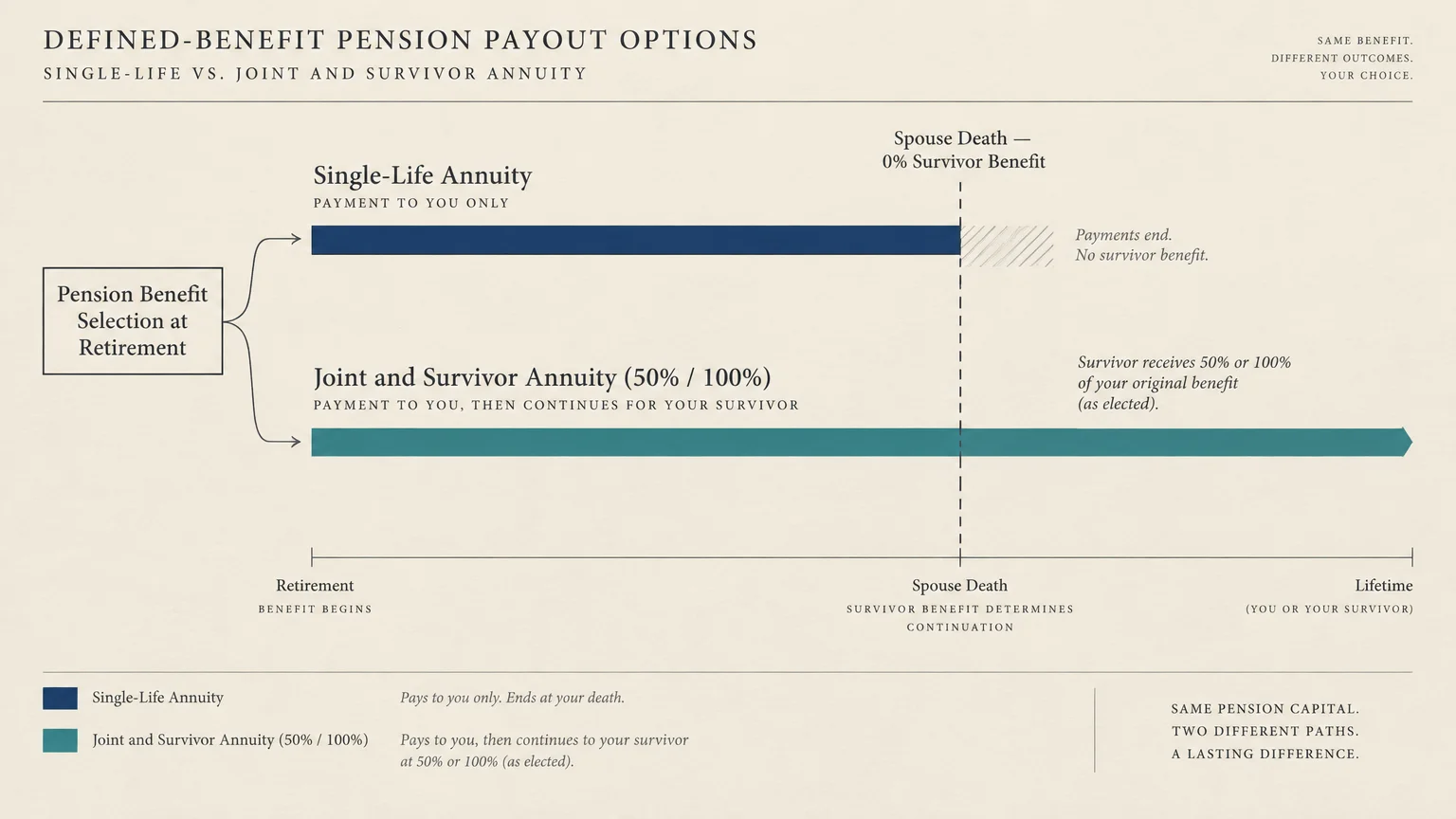 Diagram comparing single-life annuity ending at death with joint-and-survivor annuity continuing lifetime payments.