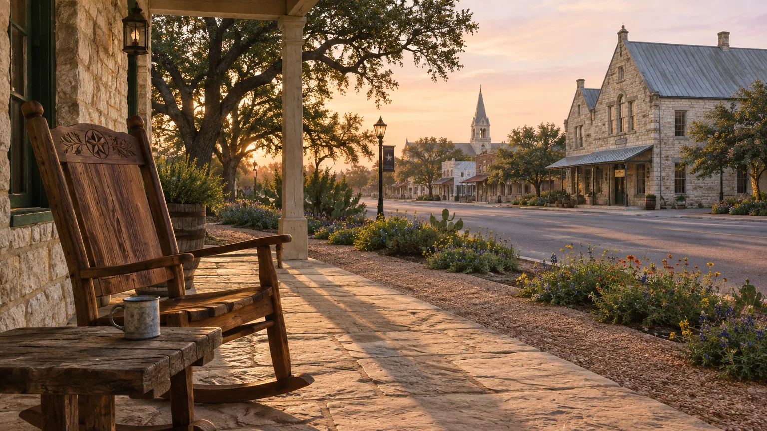 Wooden rocking chair on a stone porch overlooking a quiet historic street with limestone buildings at sunrise.