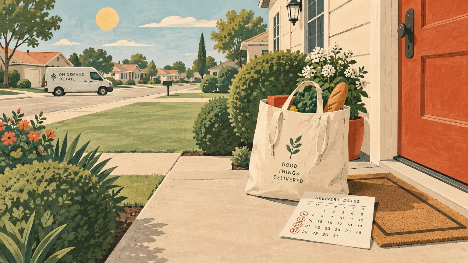 Illustration of a grocery delivery bag and calendar on a suburban front porch with a delivery van driving away.