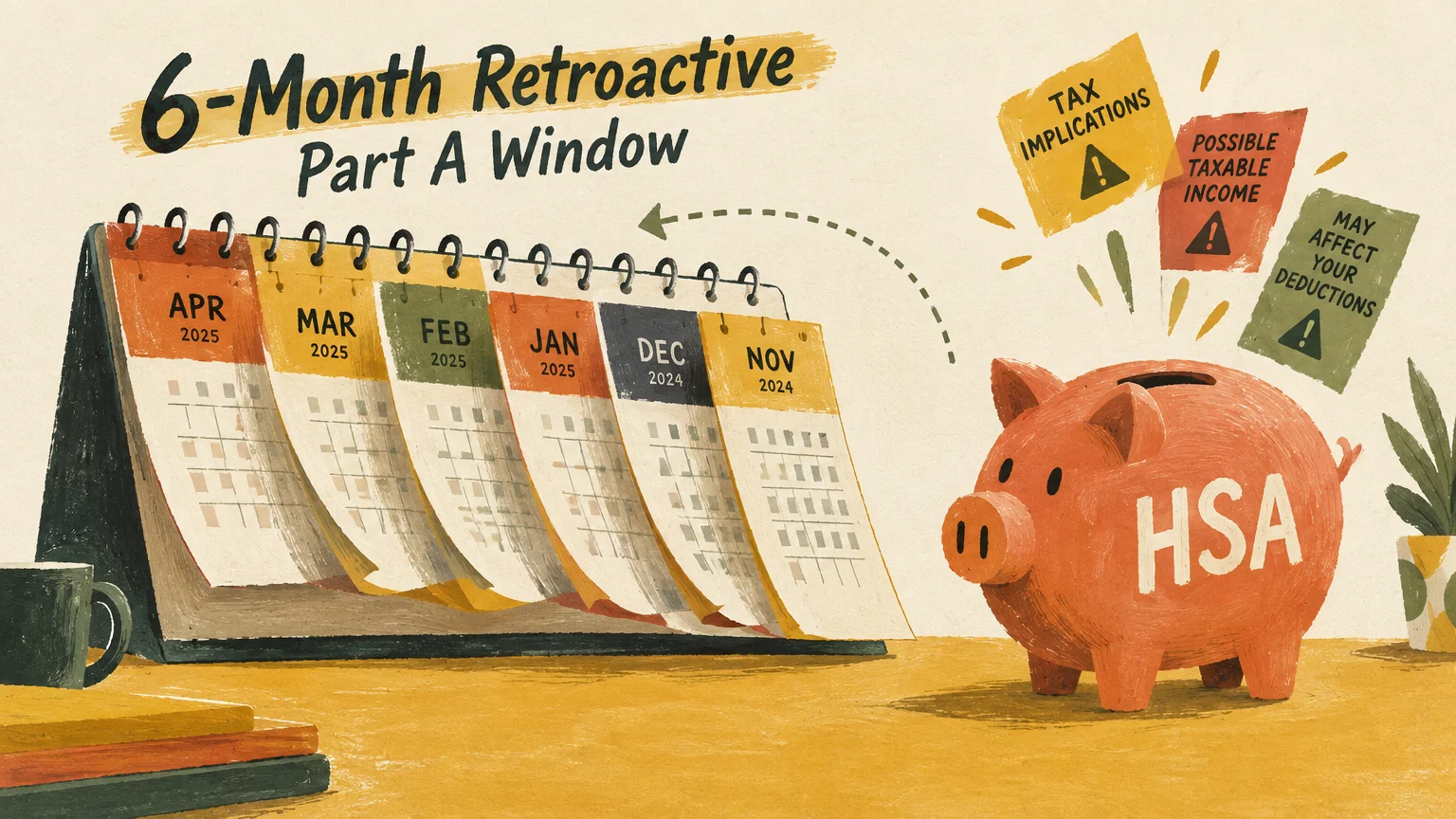 Illustration of a desk calendar showing six months next to an orange HSA piggy bank with tax warning notes floating above.