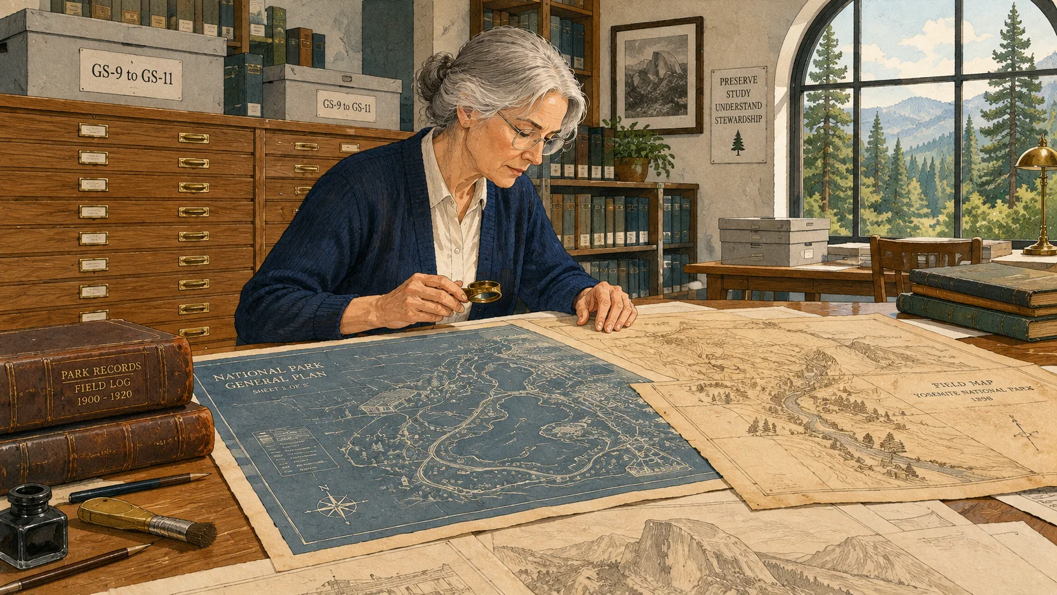 Illustration of an older woman studying vintage park maps and blueprints at a wooden desk in an archive room.