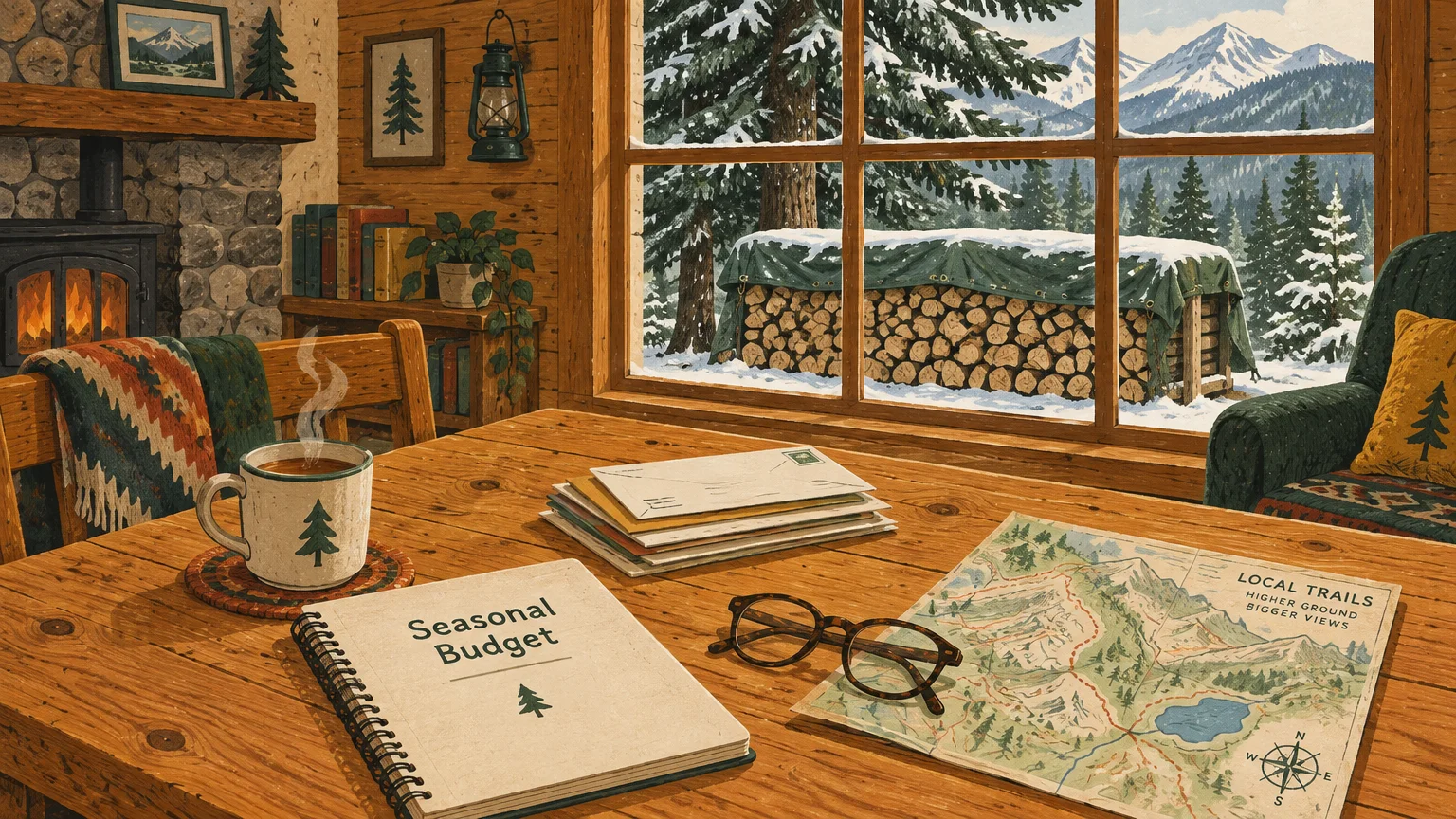 Cabin table with a seasonal budget notebook, steaming mug, and trail map overlooking a snowy mountain view outside.
