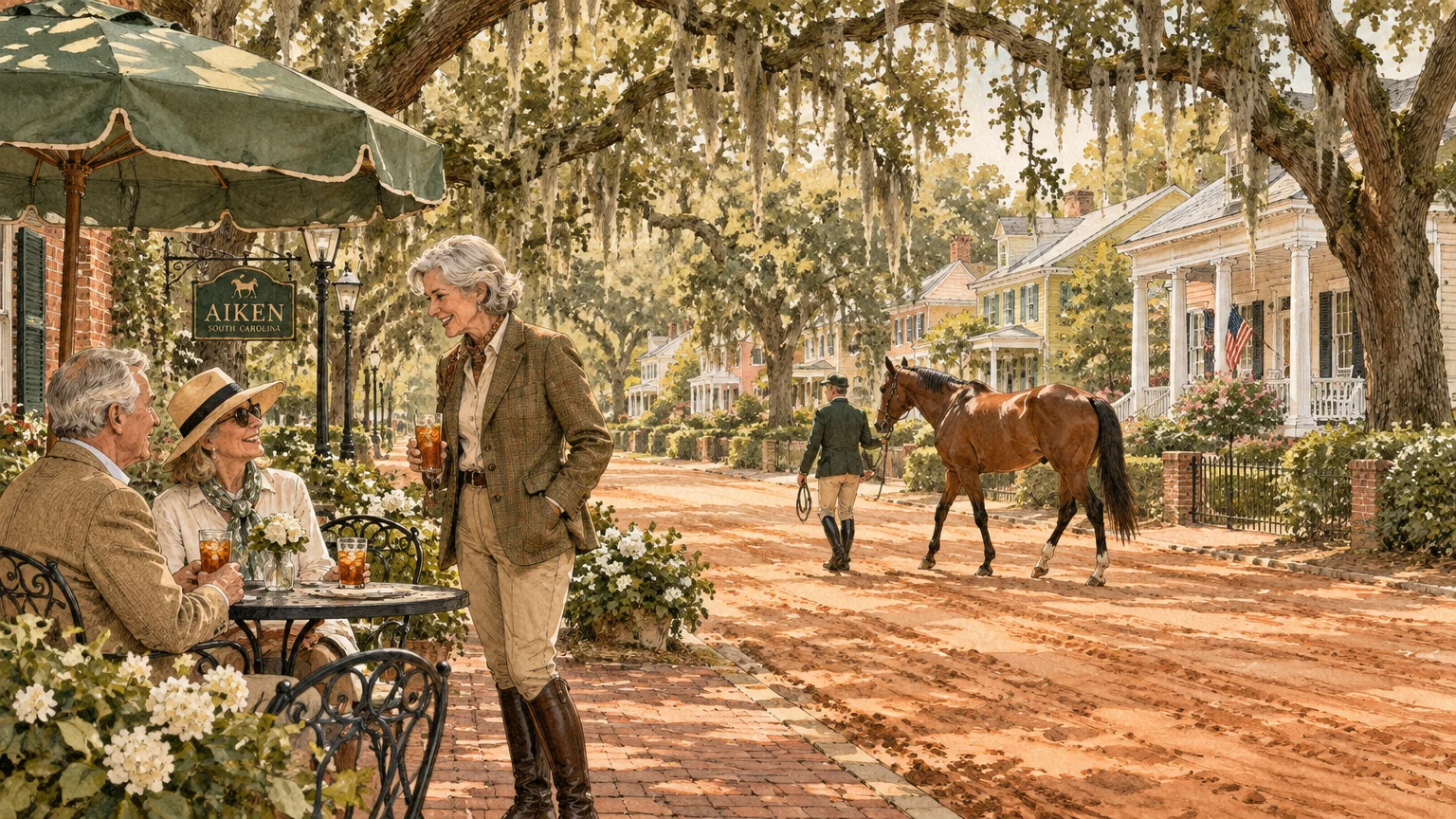 Illustration of people dining outside an Aiken cafe along a sandy street shaded by mossy oaks as a horse walks by.