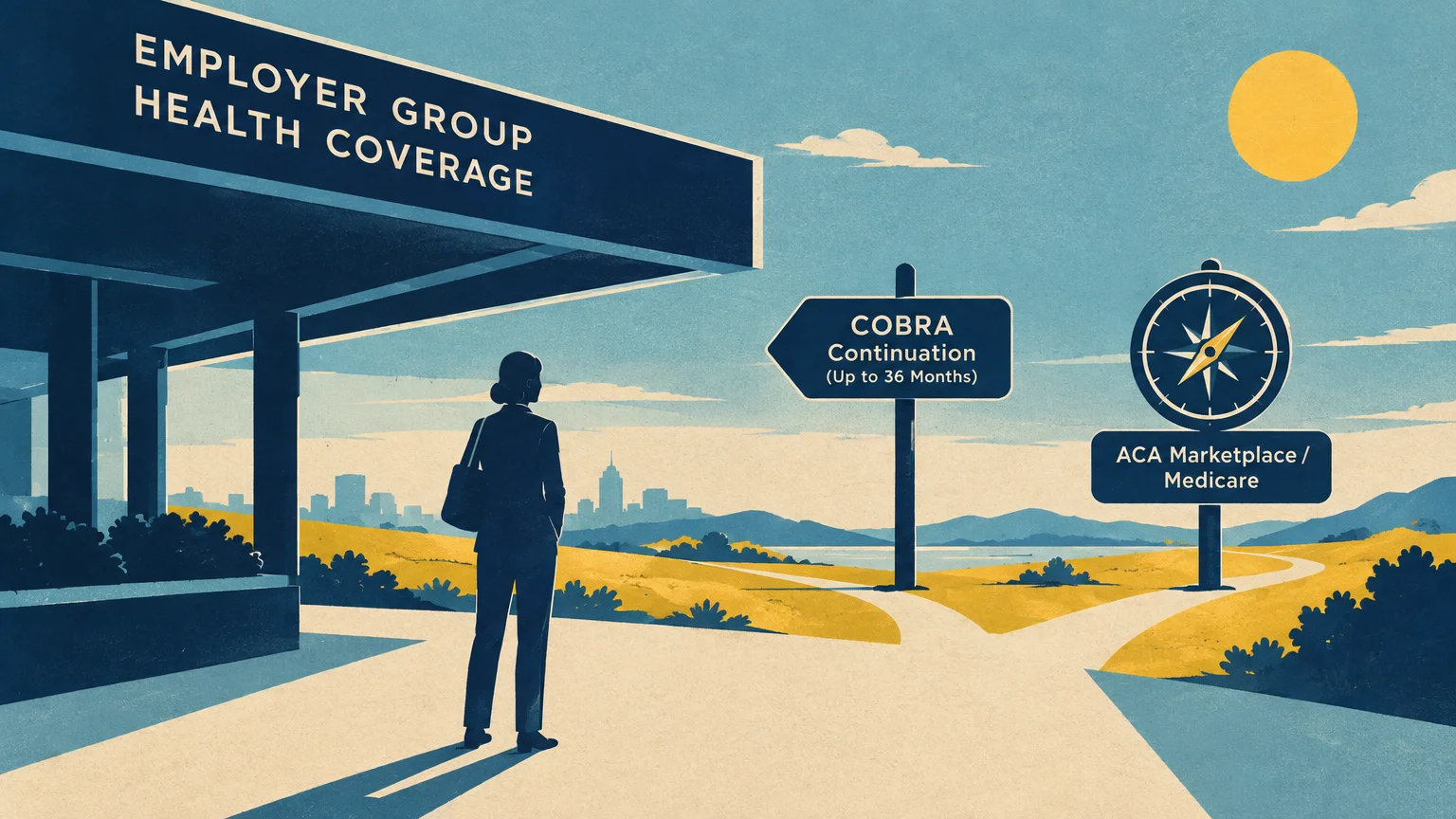 Woman at a fork in the road facing signs for COBRA continuation and ACA Marketplace or Medicare coverage.