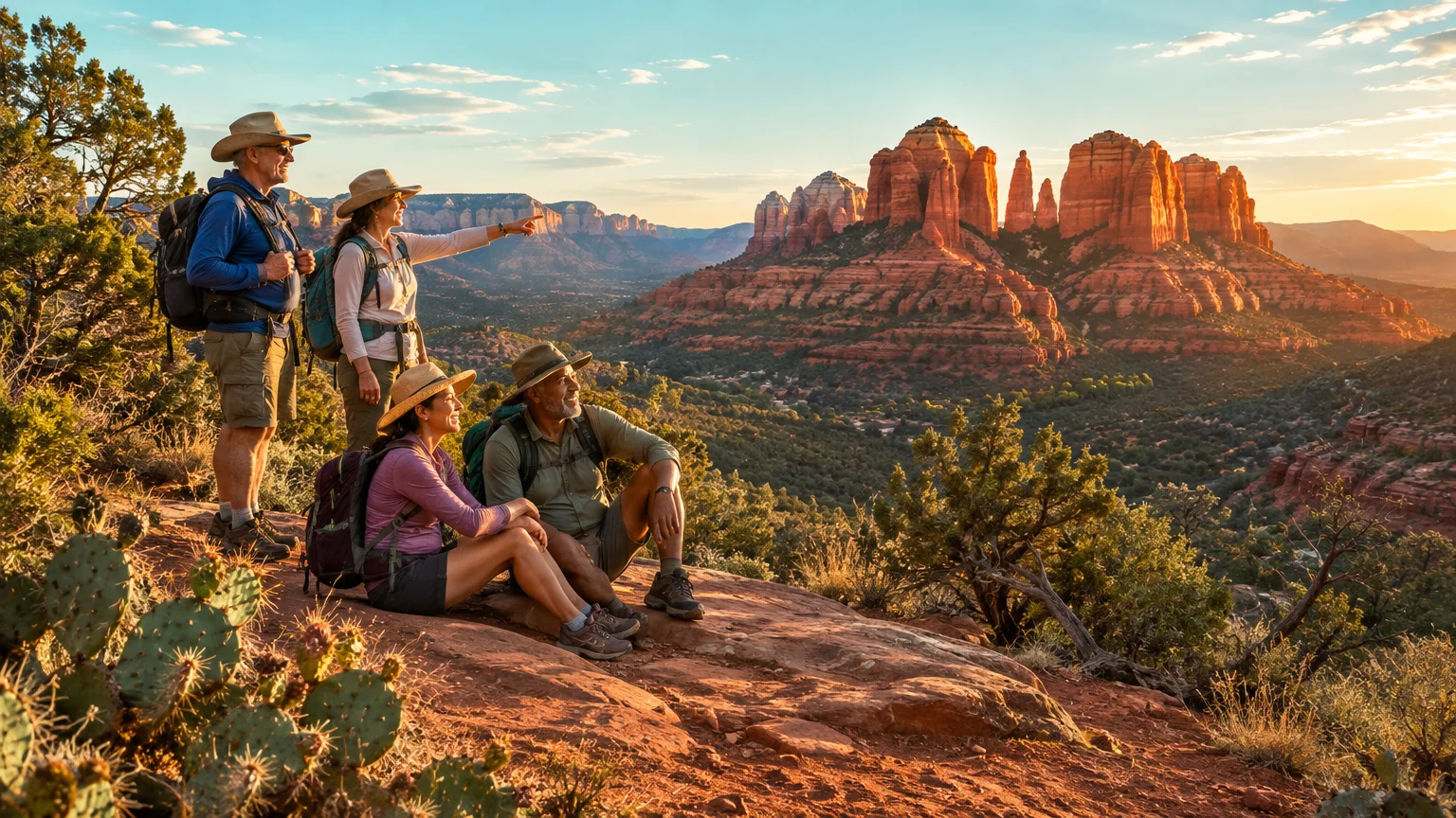 Four hikers wearing hats and backpacks resting on a rocky red sandstone ridge overlooking desert buttes in Sedona, Arizona.