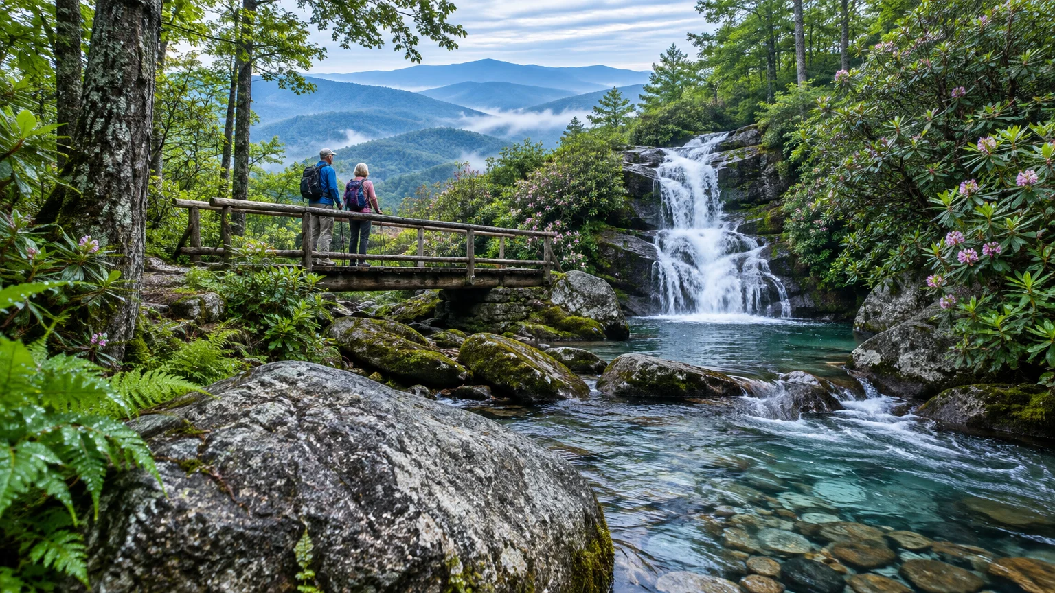 Two hikers on a wooden footbridge look at a cascading waterfall and clear pool with blue mountains in the background.