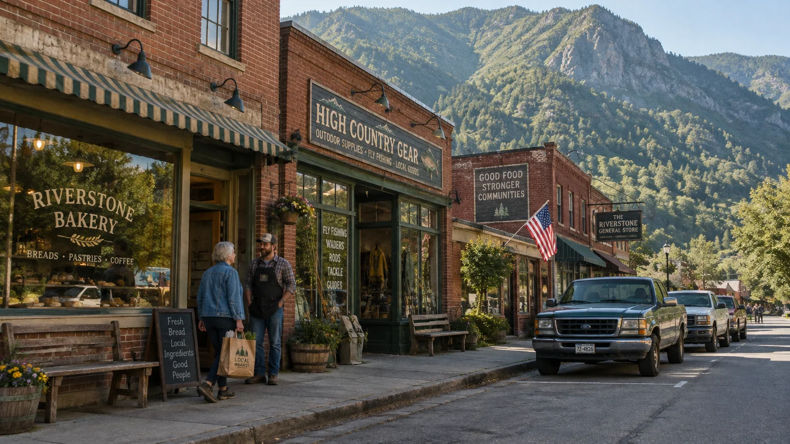 Brick storefronts along a mountain town street with parked trucks, pedestrians on the sidewalk, and steep forested peaks behind.