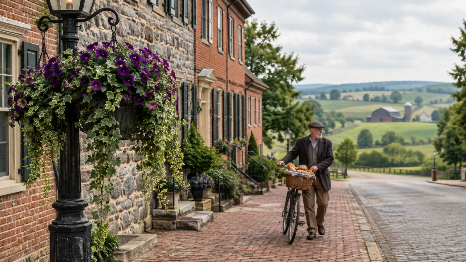 A man walks a bicycle with bread in its basket along a brick sidewalk lined with stone buildings beside rolling farmland.