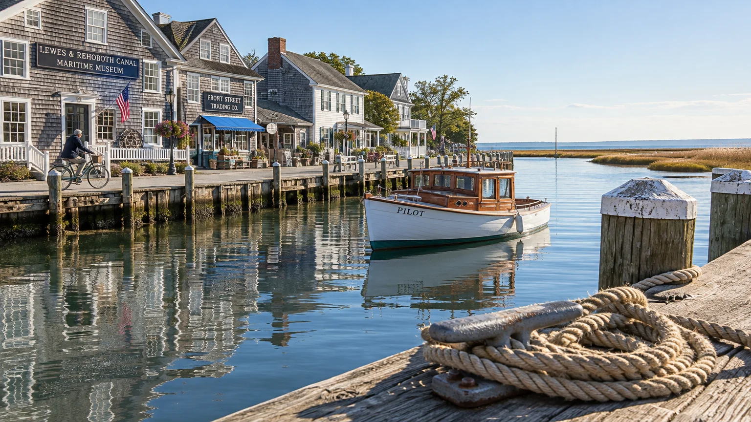 A wooden boat floats along a canal lined with historic cedar-shingled shops and a bicyclist on a waterfront path.