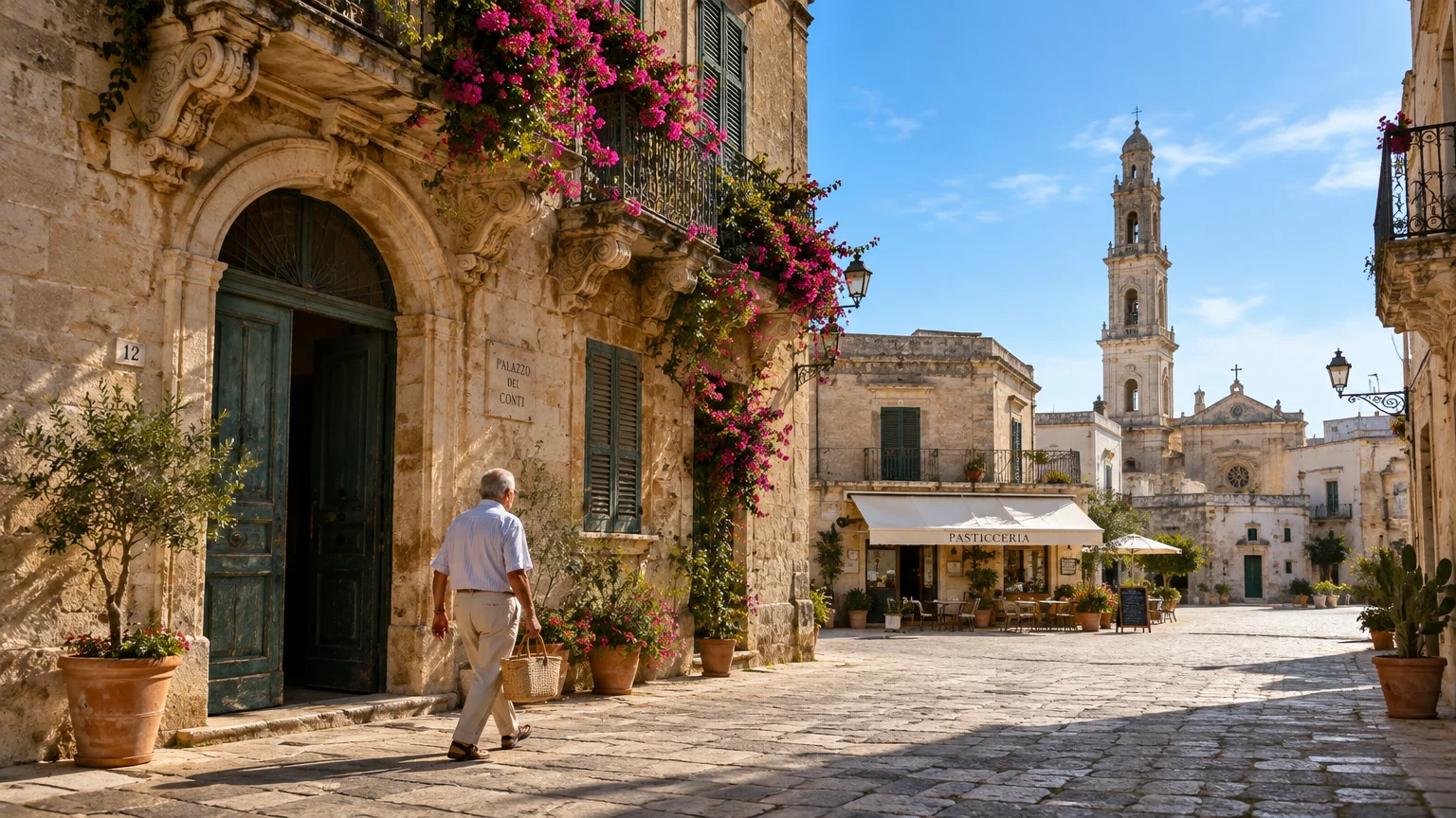 A man walks along a sunlit stone piazza past historic buildings, flowering bougainvillea, and a distant church tower.