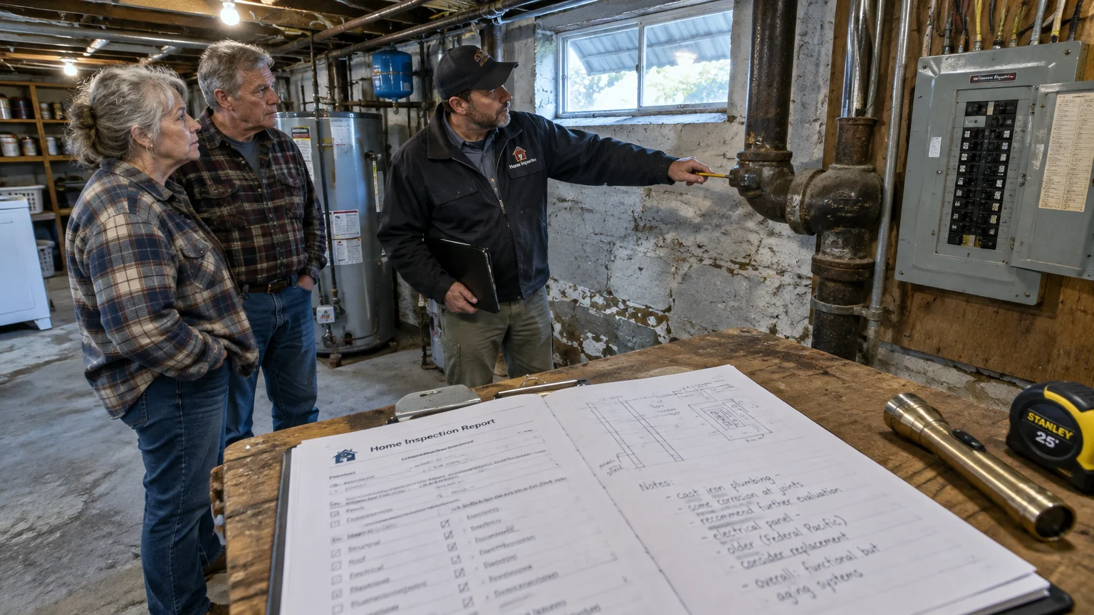 A home inspector points to basement plumbing while a senior couple listens, with an inspection report in the foreground.