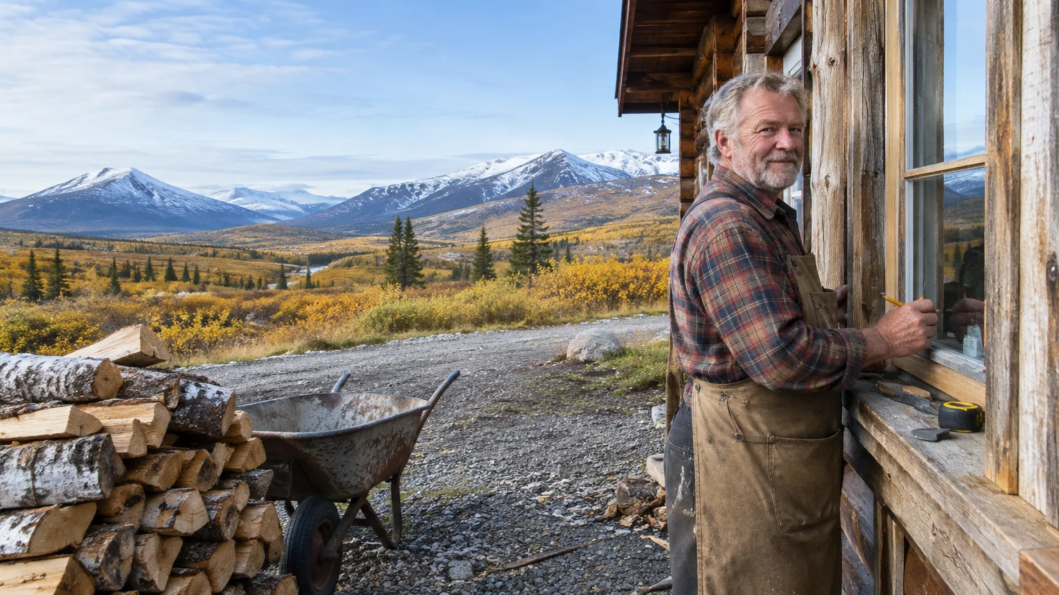 Older man in a work apron working on a rustic wooden cabin window against a backdrop of snow-capped mountains.